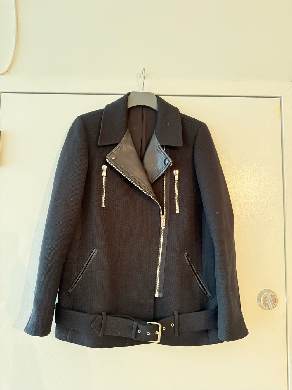Rebecca Taylor Black Asymmetric Zip Belted Women's Moto Jacket
